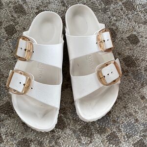 Birkenstock White Sandals with Gold Buckles